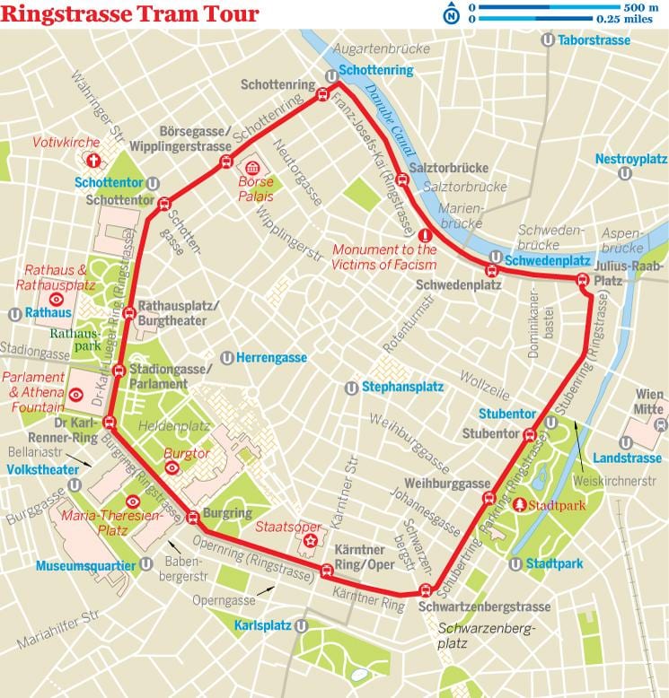 ウィーンリングの路面電車路線図